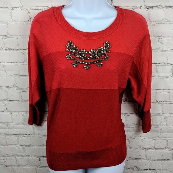 XOXO Embellished Beaded Striped Button Back 3/4 Sleeve Sweater - Picture 1 of 5